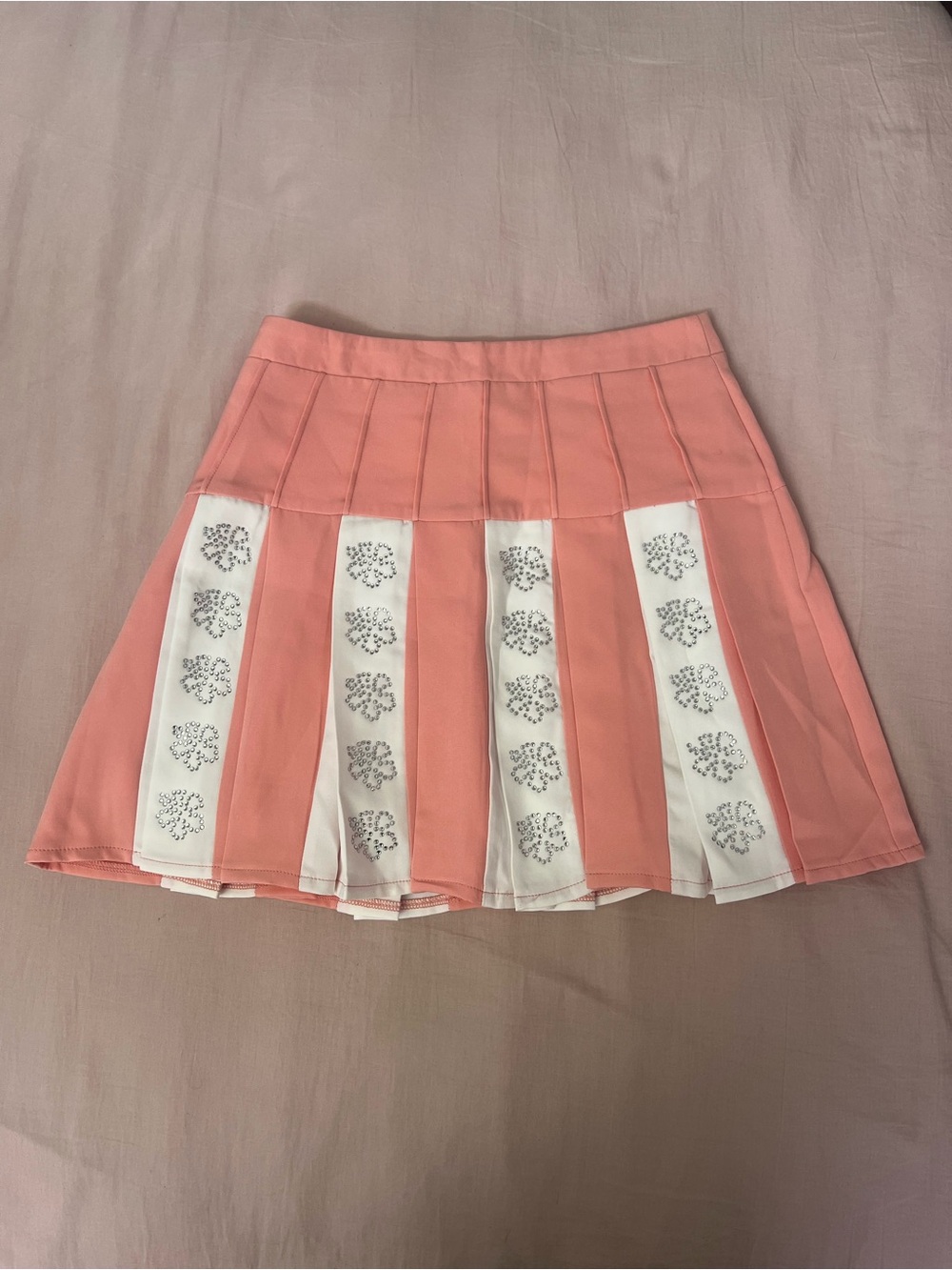 Coral Pink Rhinestone Hibiscus Pleated Skater Skirt with White Panels
